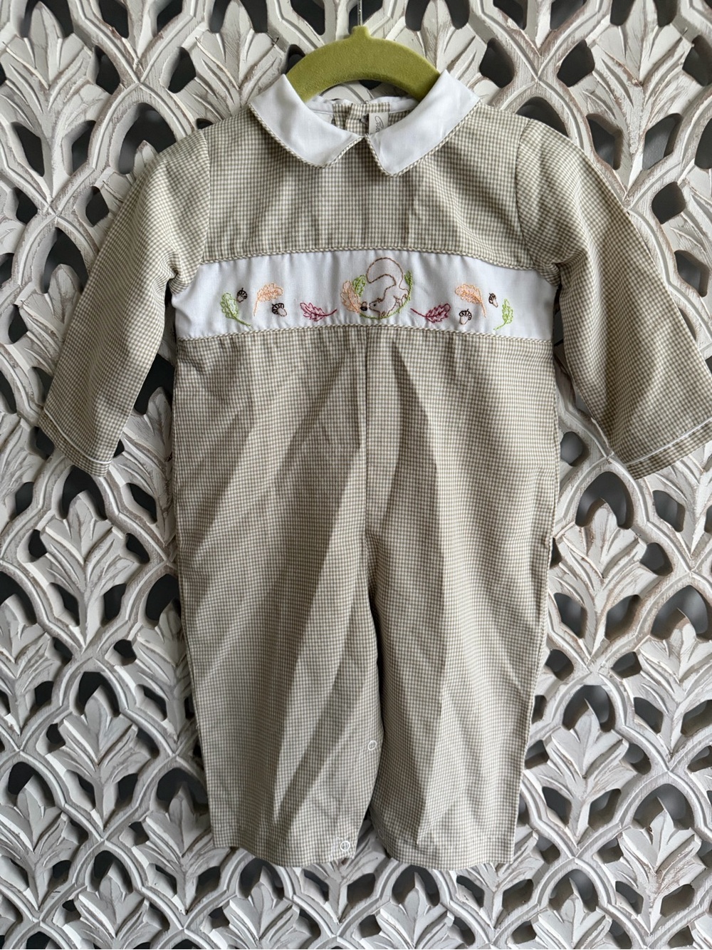 Carriage Boutique Smocked Squirrel & Acorn Fall Gingham Longall Romper, 6M